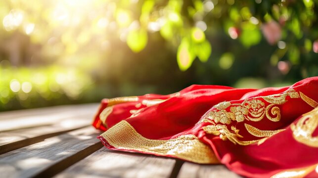 Vibrant red scarf with golden embroidery symbolizes youth and hope, evoking warmth and inspiration.
