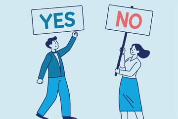 Yes, No argument or disagreement, conflict fight debate, dilemma, dispute or office rivalry war, struggle, negative discussion concept, businessman and woman arguing or fight with yes and no sign.