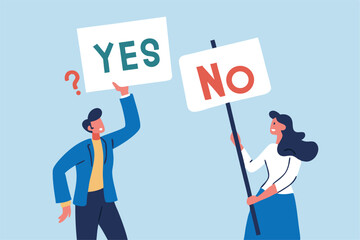 Yes, No argument or disagreement, conflict fight debate, dilemma, dispute or office rivalry war, struggle, negative discussion concept, businessman and woman arguing or fight with yes and no sign.