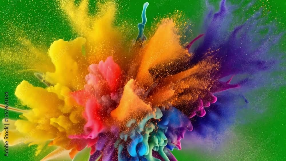 Aufkleber a vibrant explosion of colorful powders creates a stunning visual effect against a bright green back