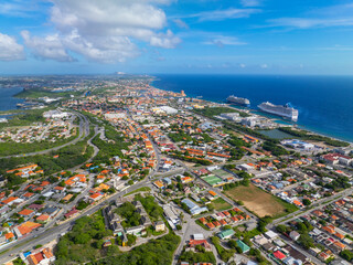 Otrobanda historic center aerial view with luxurious cruises at Cruise Terminal in city of...