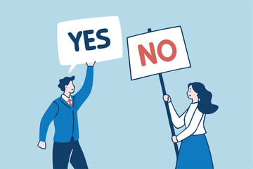 Yes, No argument or disagreement, conflict fight debate, dilemma, dispute or office rivalry war, struggle, negative discussion concept, businessman and woman arguing or fight with yes and no sign.