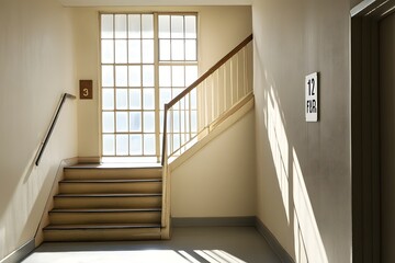 Obraz premium Indoor Staircase with Natural Light and Floor Signage