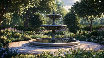 A peaceful garden with a water fountain in 4K hyper-realistic detail
