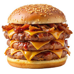 Delectable triple cheeseburger with crispy bacon and melted cheese, showcasing a mouthwatering...
