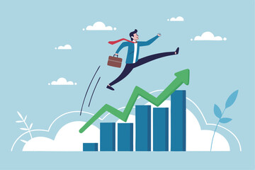 Leap forward, business change or transform to success winning, jump high challenge or progress to achievement, courage to move forward concept, businessman leap forward jump over growth rising graph.