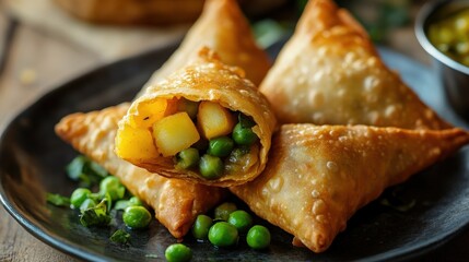 Golden fried triangular savory pastries filled with vegetables are shown