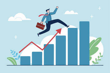Leap forward, business change or transform to success winning, jump high challenge or progress to achievement, courage to move forward concept, businessman leap forward jump over growth rising graph.