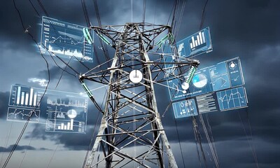 A futuristic power pylon displaying data visualization overlays against a stormy sky background. - Powered by Adobe