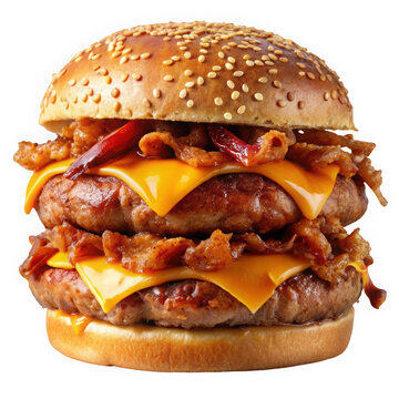 A mouthwatering double cheeseburger with crispy bacon topped with cheddar cheese, presented on a sesame seed bun, perfect for burger lovers.