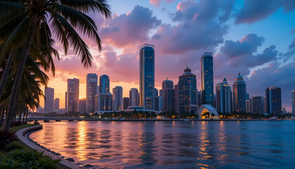 Naklejka premium Tropical paradise cityscape, Miami skyline at sunset, palm trees framing urban waterfront, reflective bay waters, golden hour glow,
