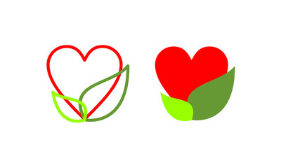 Green heart icon with leaves, eco-friendly symbol, sustainability, nature care, organic lifestyle, health and wellness logo, environmental protection, botanical heart illustration.