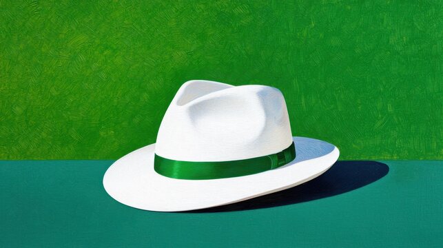 Elegant white fedora hat with a lush green ribbon set against a rich textured green background and a smooth teal surface