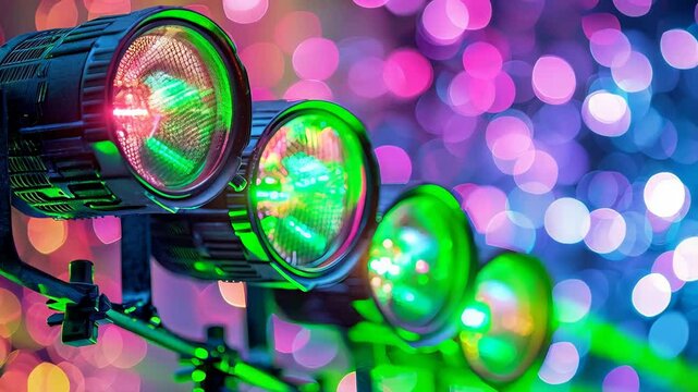 Colorful par lights generating dynamic bokeh illumination, shifting hues across softly blurred background during vivid entertainment event