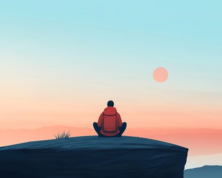 Man meditates sunset clifftop.