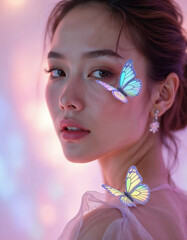 Soft beauty portrait of a model with glowing skin and delicate pastel butterflies