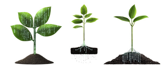 Three Stages of Plant Growth Sprout, Young Plant, and Mature Seedling