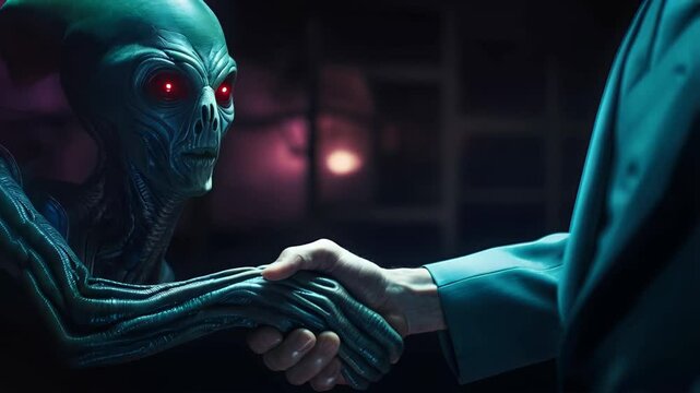 Influential leader handshaking alien entity with piercing crimson gaze, representing potential extraterrestrial diplomatic breakthrough and enigmatic interspecies interaction