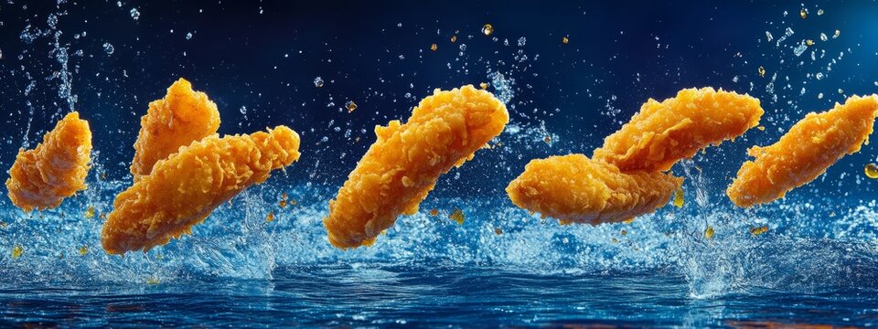 Crispy fried fish sticks with tartar sauce on blue backdrop