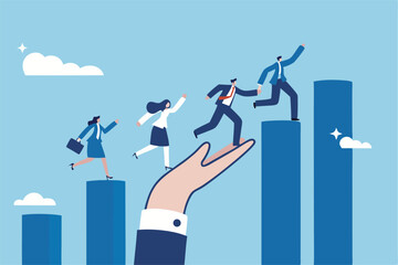 Growth assistance, support or help to success, growing business, career path or leadership helping employee achievement, manager support concept, businessman hand help people climb growth graph.