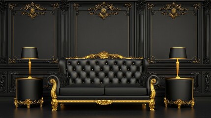 Luxurious black couch with gold accents and a designer lamp, elevating modern living room style