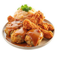 A delicious plate of fried chicken with gravy served alongside creamy mashed potatoes, garnished with parsley, evoking a warm, homely comfort food vibe.