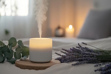 Essential oil diffuser emitting aromatic mist with lavender flowers and eucalyptus leaves on a soft bed, creating a calming and spa-like ambiance in a cozy room