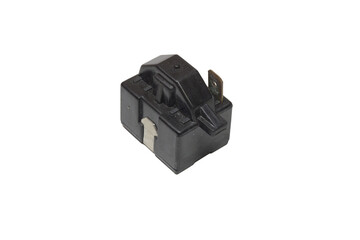 starting relay of refrigerators compressor, 1-Pin relay in black smooth plastic housing. on white...