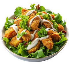 A tantalizing bowl of crispy fried chicken nuggets on a bed of fresh lettuce, drizzled with creamy...
