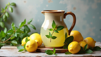 Refreshing lemon drink with fresh lemons and mint leaves  