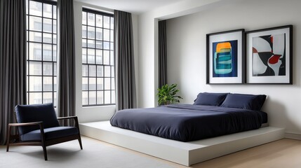 A sleek, modern bedroom with large windows and charcoal gray curtains that contrast with the pure white walls