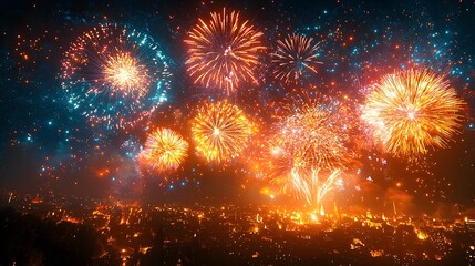 Fototapeta premium Night city fireworks display, vibrant bursts, dark sky