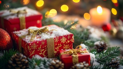 Red Christmas Presents with Snow, Pinecones, and Sparkling Lights
