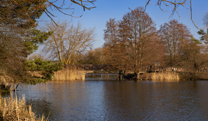 A bridge on a causeway between ponds, Piaseczno Ponds, Mazovia, Poland