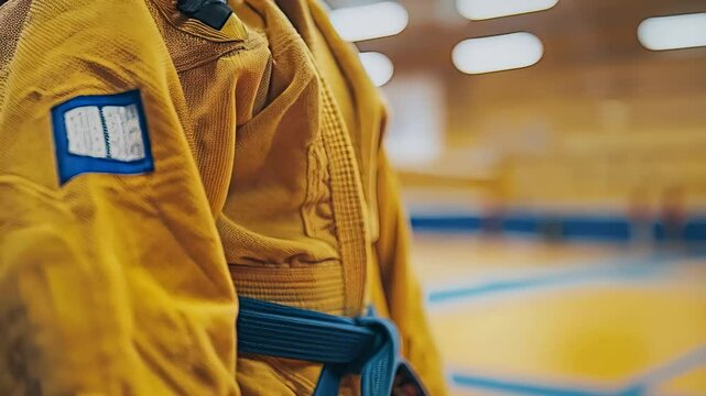 Close up of an athlete wearing a yellow sambo uniform with a blue belt, standing in a sports hall