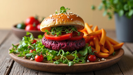 Delicious gourmet burger with crispy fries on wooden platter  