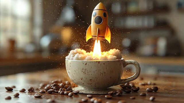 Yellow Rocket Launching From Coffee Cup on Wooden Table