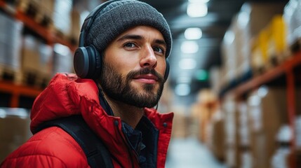 A warehouse worker in a red jacket and headphones stands confidently among shelves filled with cargo and boxes, engaged in inventory tasks during a shift.