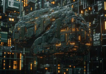 Naklejka premium Glowing Metallic Brain Circuitry in Dark Digital Setting