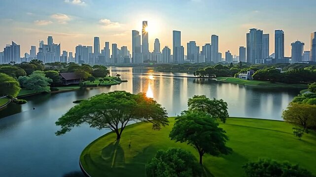 Urban park, sunrise over city lake footage