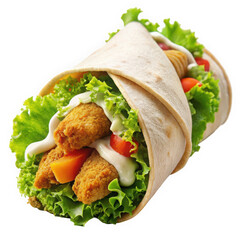 A delicious chicken wrap filled with fresh lettuce, diced tomatoes, and creamy dressing, set against a clean white background.