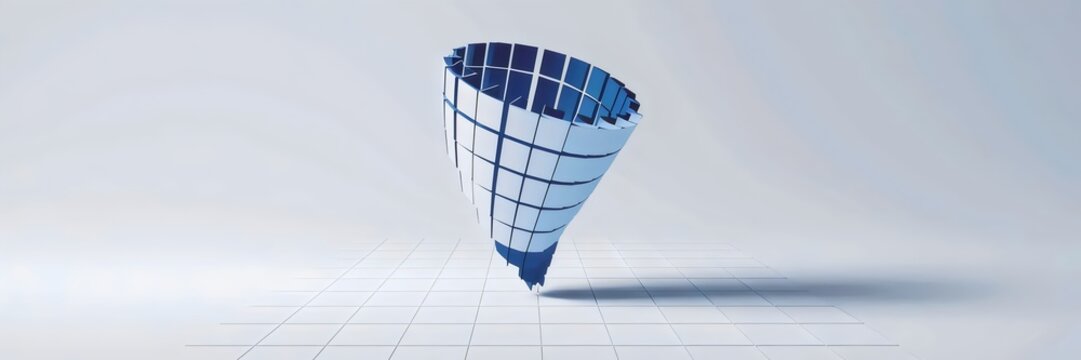 3D render of minimalist grid twisting into tornado-like shape with blue swirling design on white background – Perfect for technology brands focused on digital transformation.