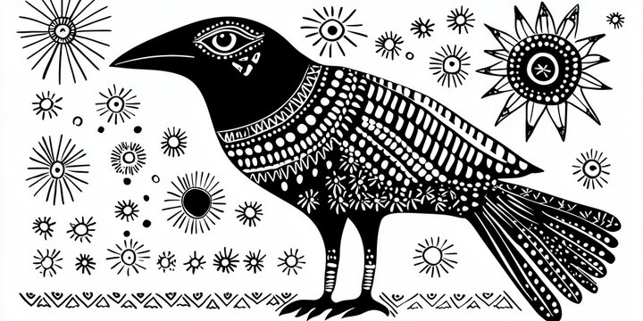 Boho-style crow colo page with intricate patterns, surrounded by artistic suns and stars for relaxation and creativity fun
