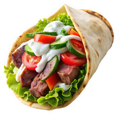 A colorful and delicious wrap filled with grilled beef, fresh vegetables, and creamy sauce, showcasing vibrant greens and reds.