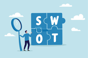 SWOT analysis, analyze strength, weakness, opportunity and threat to win market competition, improve product by SWOT matrix, benchmark or measurement, businessman magnify analyze SWOT business jigsaw.