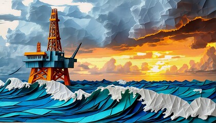 Obraz premium An oil rig sits on top of waves made from crumpled paper.