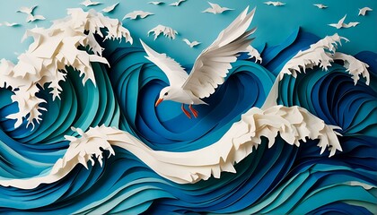 a wave of paper art with birds flying around it.
