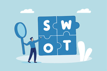 SWOT analysis, analyze strength, weakness, opportunity and threat to win market competition, improve product by SWOT matrix, benchmark or measurement, businessman magnify analyze SWOT business jigsaw.