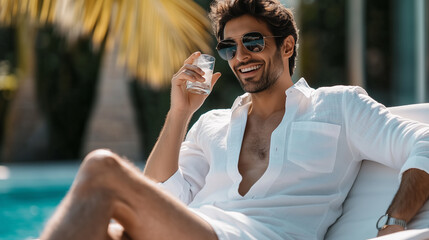 Man in sunglasses relaxing poolside, holding a beverage and smiling, dressed in a stylish white shirt. Palm trees and sun create a tropical, leisurely vibe. Image made using Generative AI.