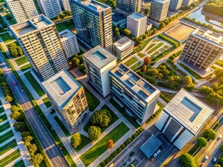 Obraz premium Modern Architecture Aerial View: Geometric Building Design, Drone Photography